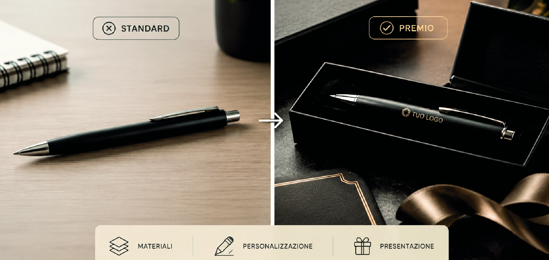 Confronto tra penna promozionale standard e gadget premio personalizzato in confezione regalo