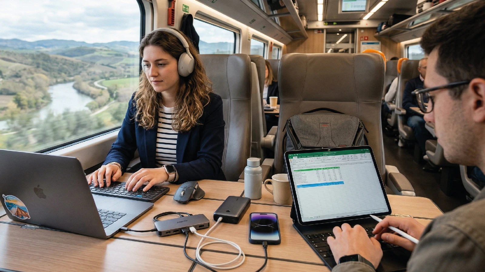 gadget tecnologici aziendali per smart working e mobilità utilizzati durante un viaggio in treno
