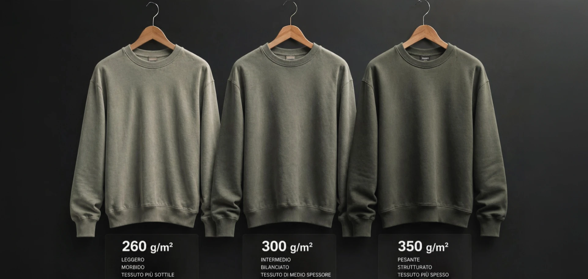 Comparativa de gramajes de sudaderas personalizadas de 260, 300 y 350 g/m²