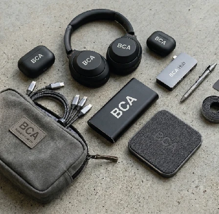kit di gadget tecnologici personalizzati con cuffie, power bank, cavi e accessori aziendali con logo