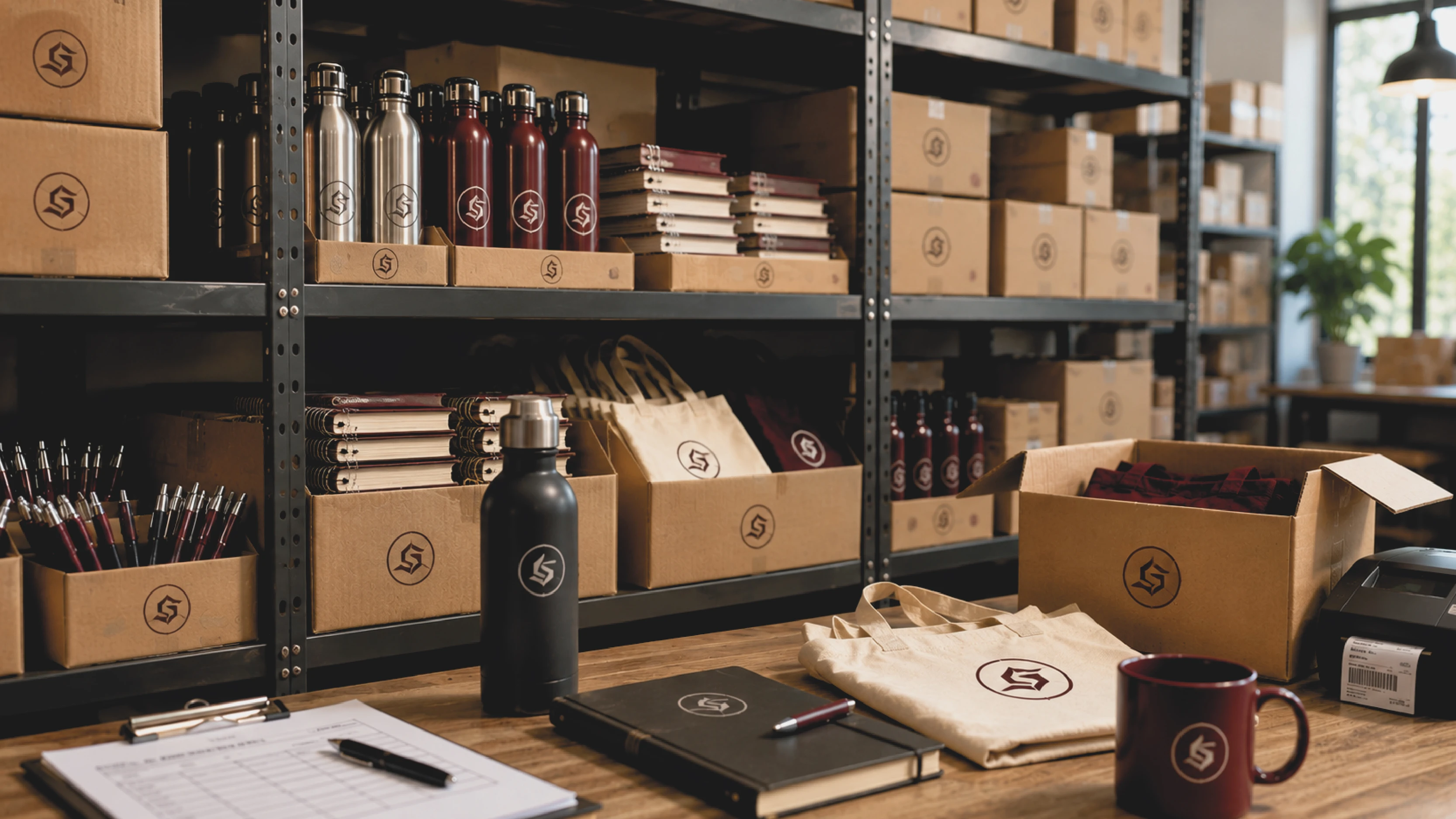 Magazzino di gadget aziendali personalizzati con borracce, taccuini, penne, shopper e scatole suddivise per prodotto sugli scaffali