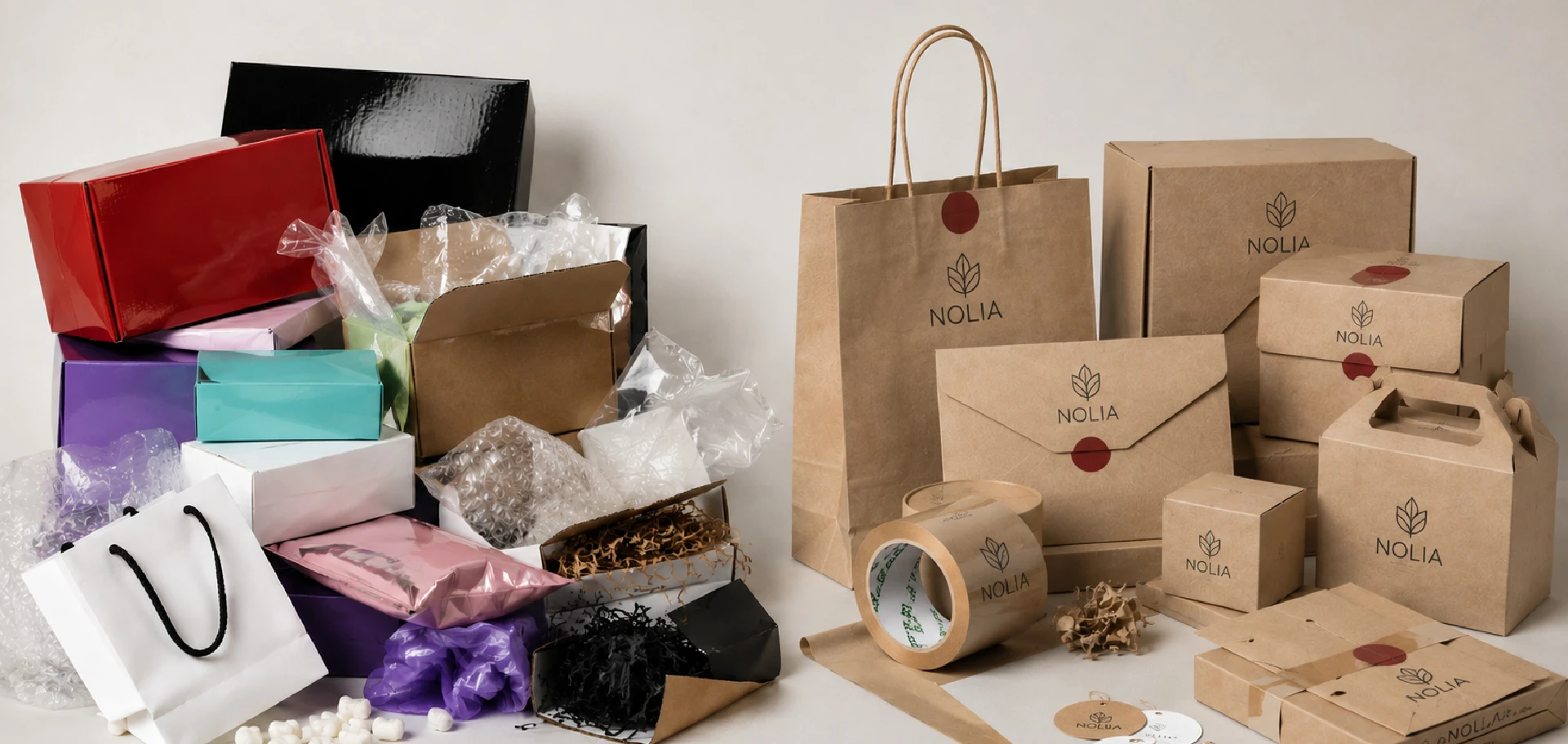 Confronto packaging 2026: imballaggi eterogenei con plastica e riempitivi a sinistra, sistema coordinato in carta kraft a destra