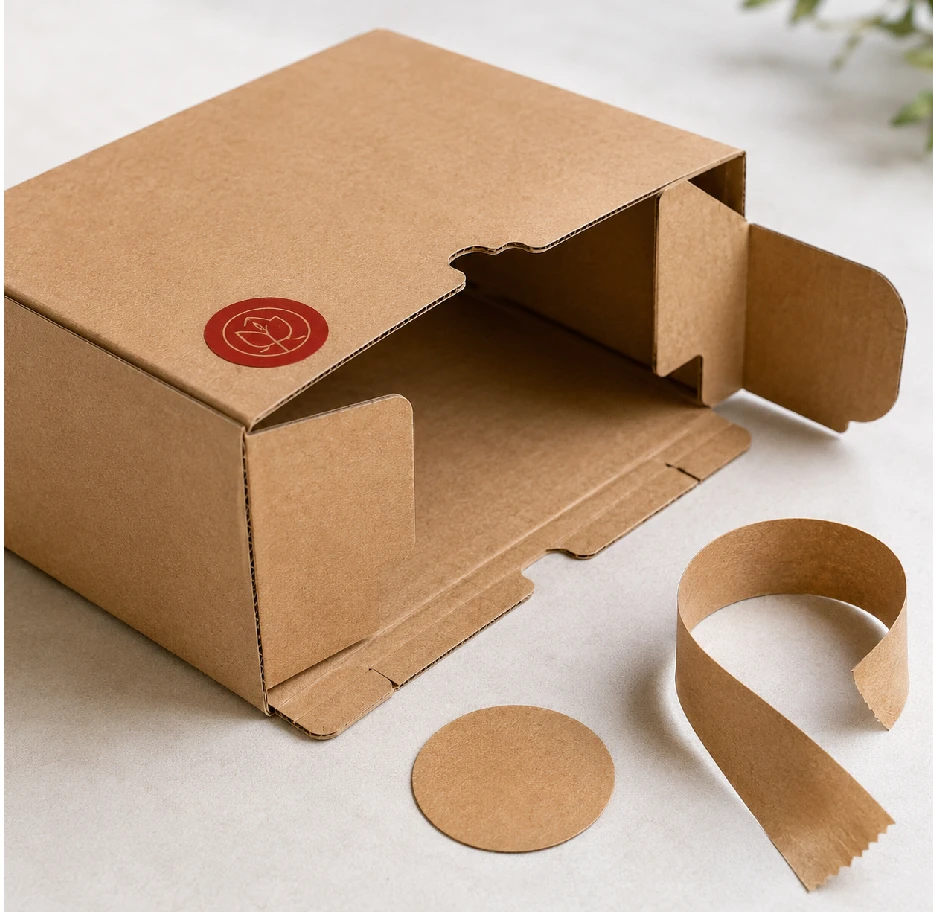 Scatola in cartone kraft aperta con fascetta ed etichetta in carta separate, esempio di packaging con componenti separabili