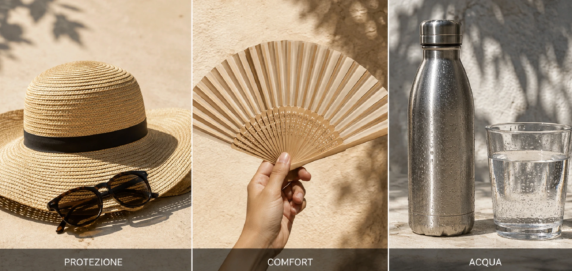 Confronto tra gadget personalizzati per protezione dal sole, comfort estivo e disponibilità d'acqua con cappello, occhiali, ventaglio e borraccia