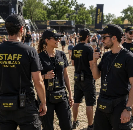 Staff di un evento all'aperto reso riconoscibile da t-shirt, cappellini e marsupi personalizzati coordinati