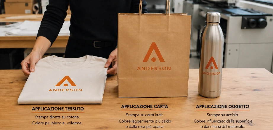 comparação da cor da marca em t-shirt personalizada saco kraft e garrafa promocional