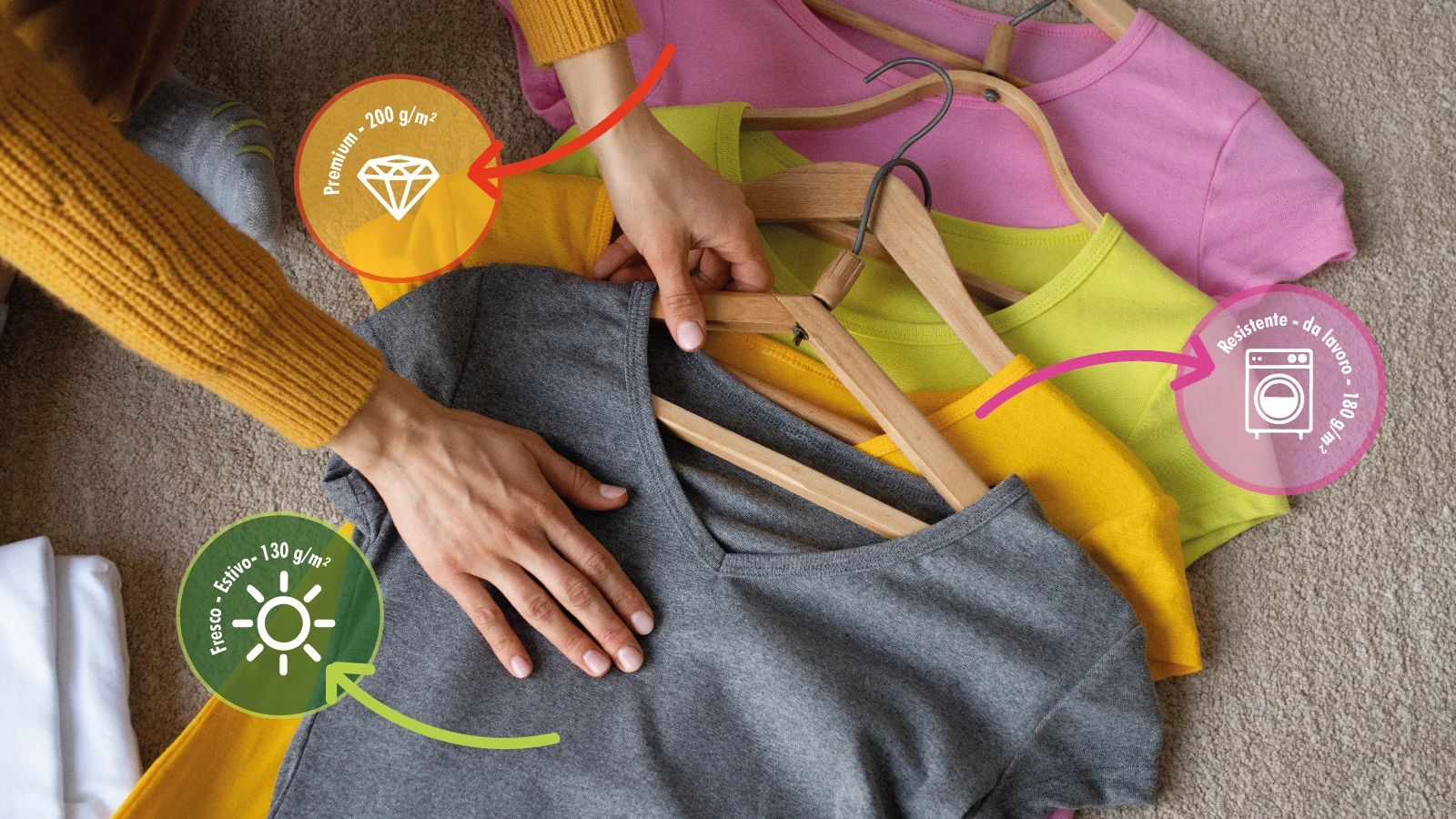 Confronto tra t-shirt personalizzate di diversa grammatura, 130, 180 e 200 g/m², per staff aziendale, eventi e promozioni