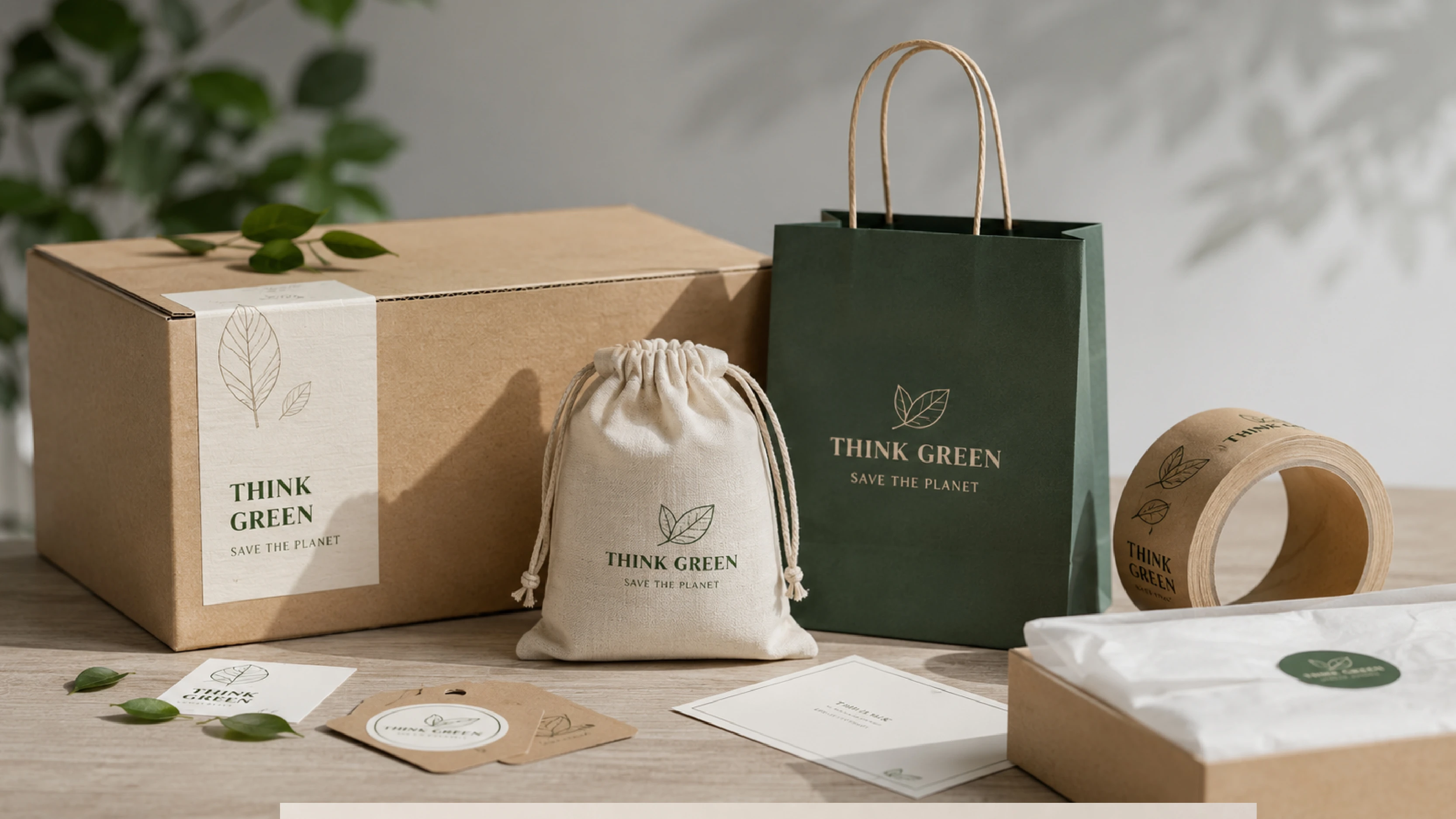 Packaging personalizzato 2026 con scatola in cartone kraft, shopper in carta, sacchetto in tessuto, nastro ed etichette coordinati