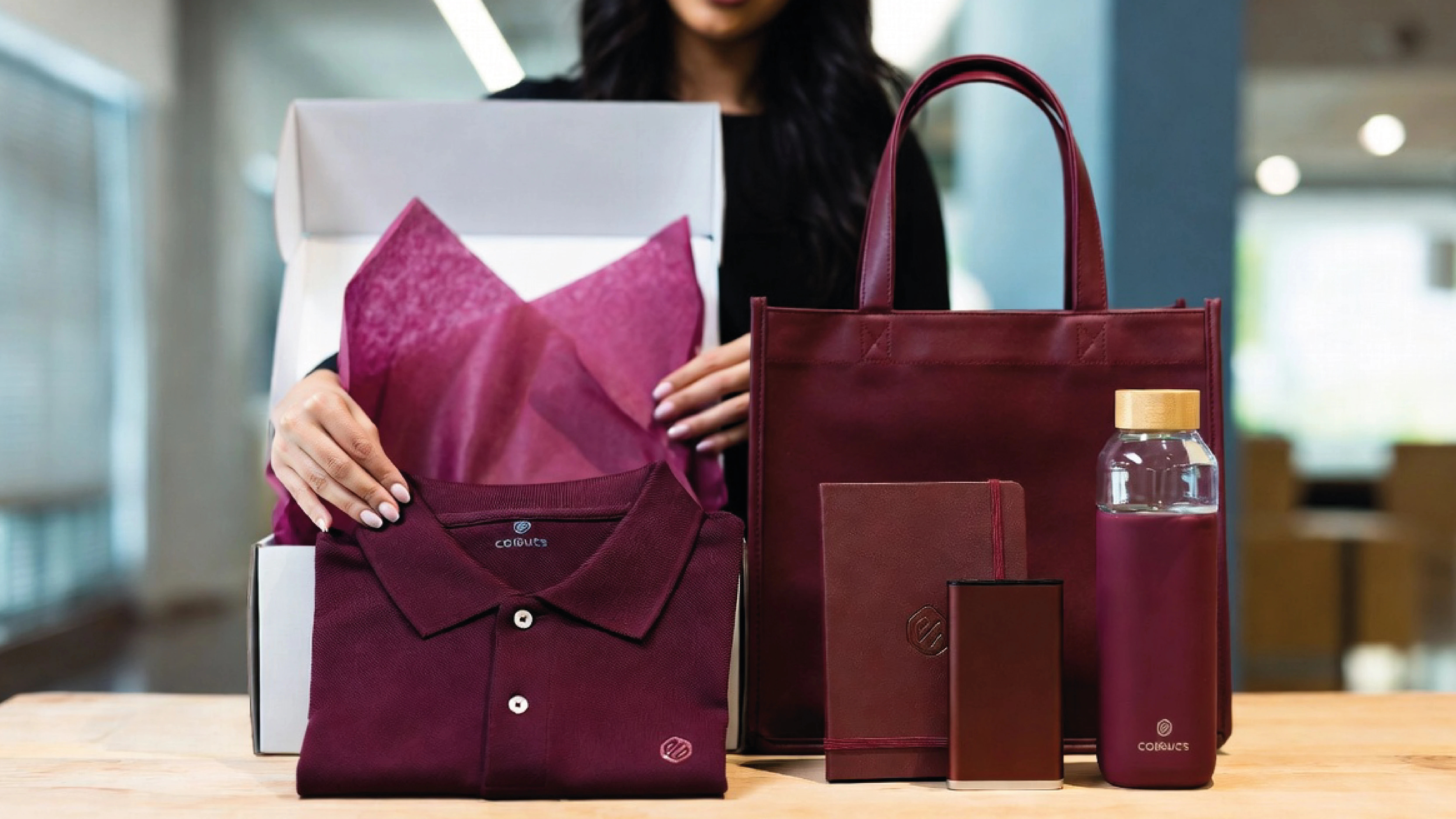 welcome kit aziendale coordinato con polo, shopper, scatola, taccuino, power bank e borraccia personalizzati
