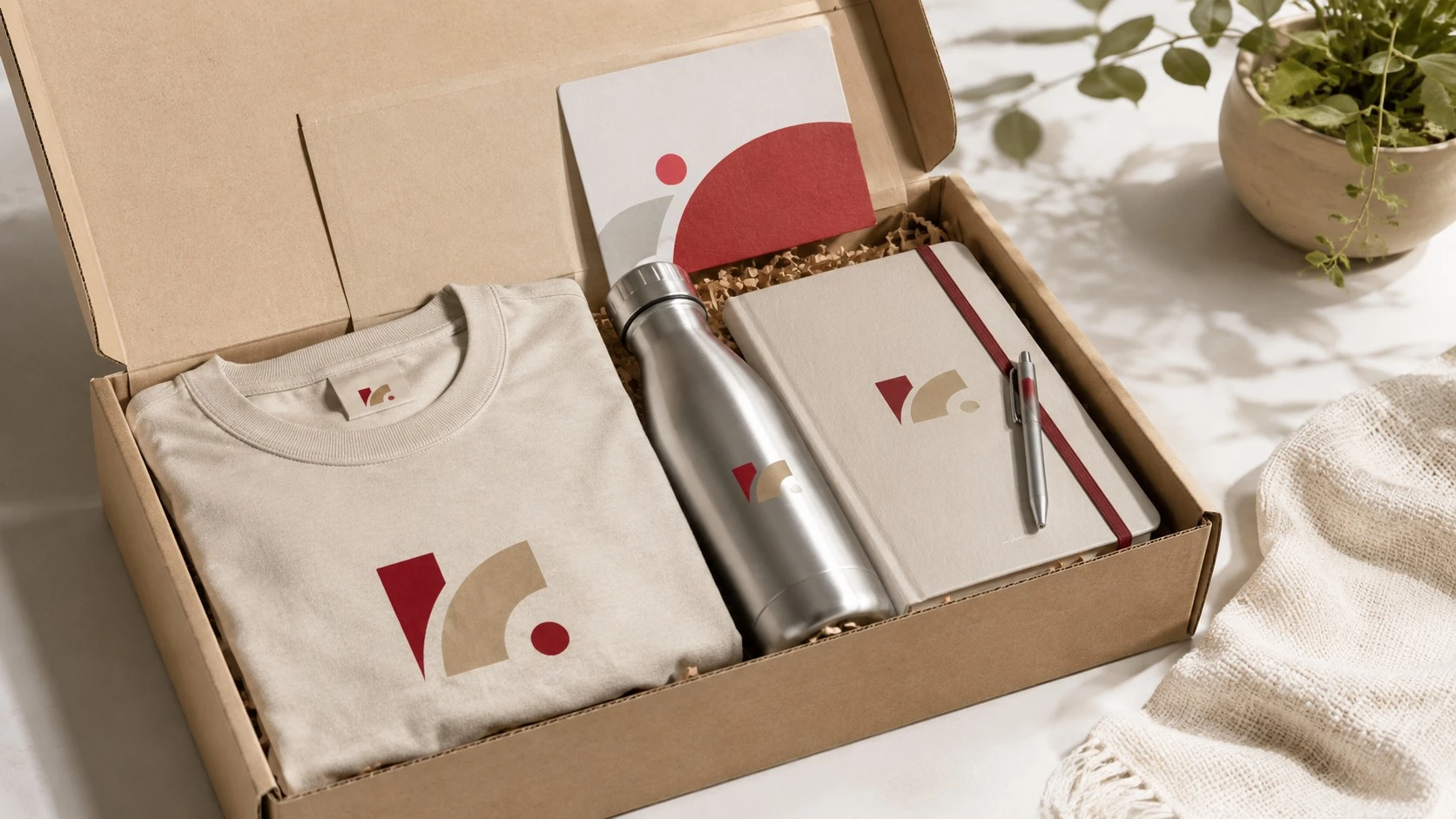 Caja de kit de bienvenida corporativo abierta con camiseta, botella, libreta y bolígrafo coordinados