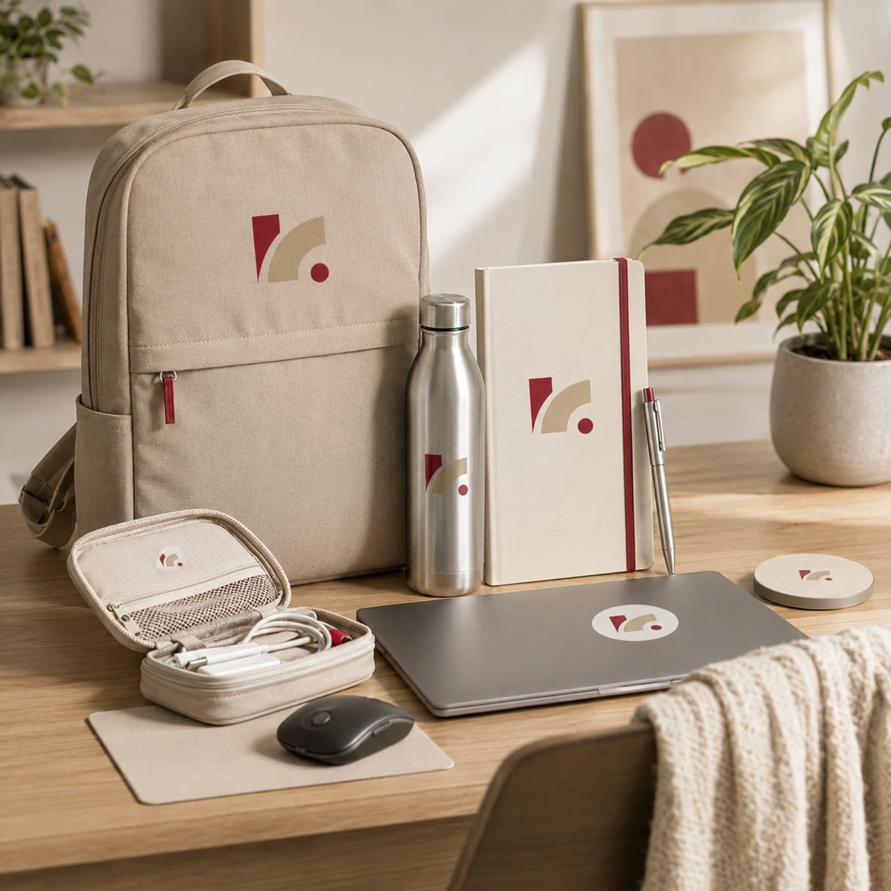 Kit de bienvenida para teletrabajo con mochila, botella, libreta y maletín para portátil coordinados