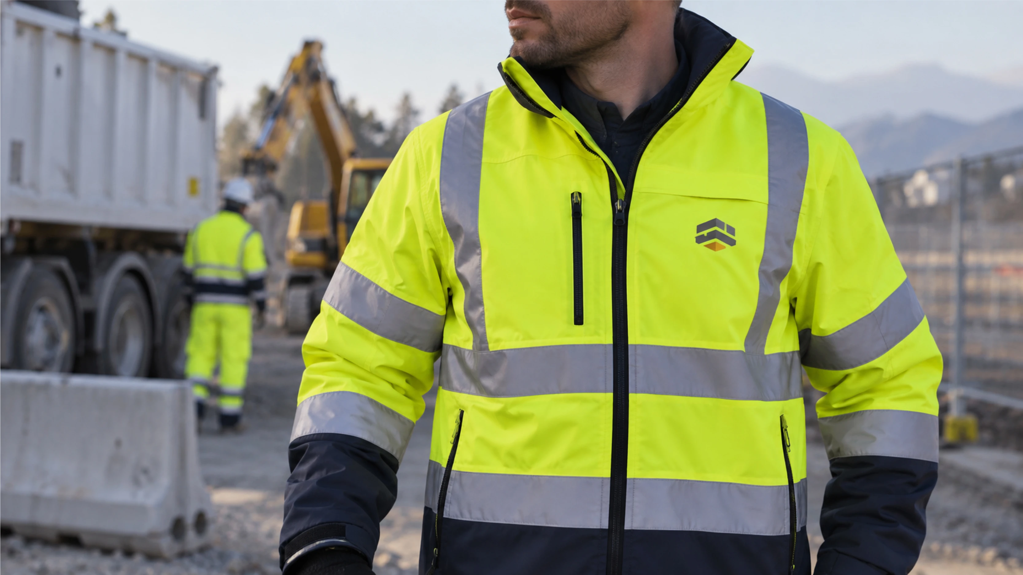 Hi-vis vests and jackets with retroreflective tape and a clear chest area for company logo branding