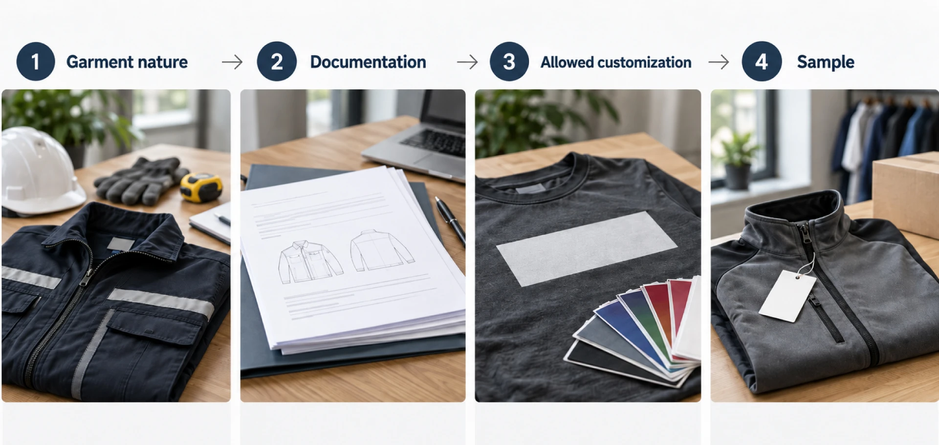 Checks before ordering branded hi-vis clothing: type of garment, documentation, permitted branding, sample