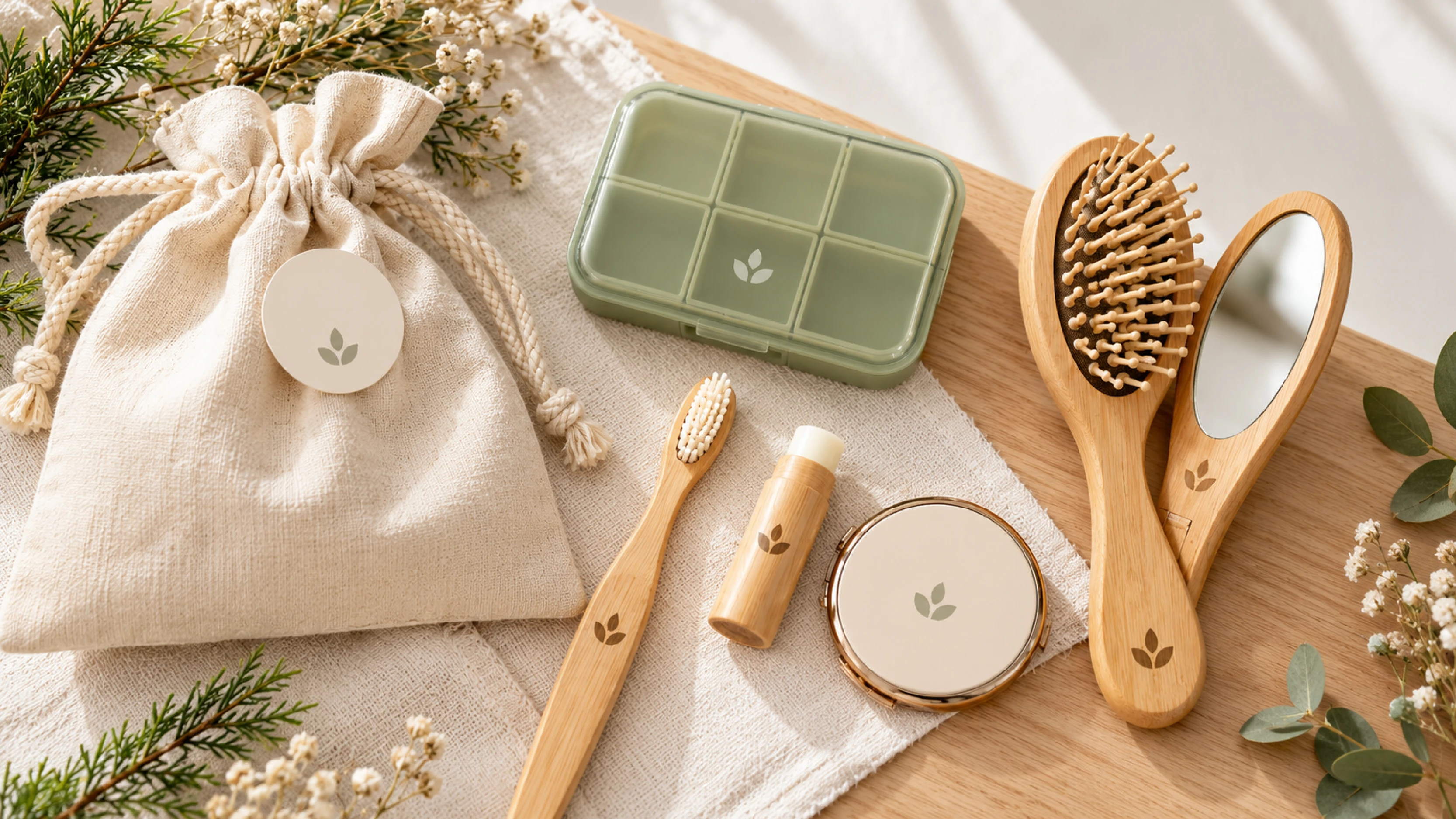 Gadget benessere personalizzati con logo per farmacie, centri estetici e parrucchieri, con porta pillole, spazzolino, balsamo labbra, specchietto e spazzola