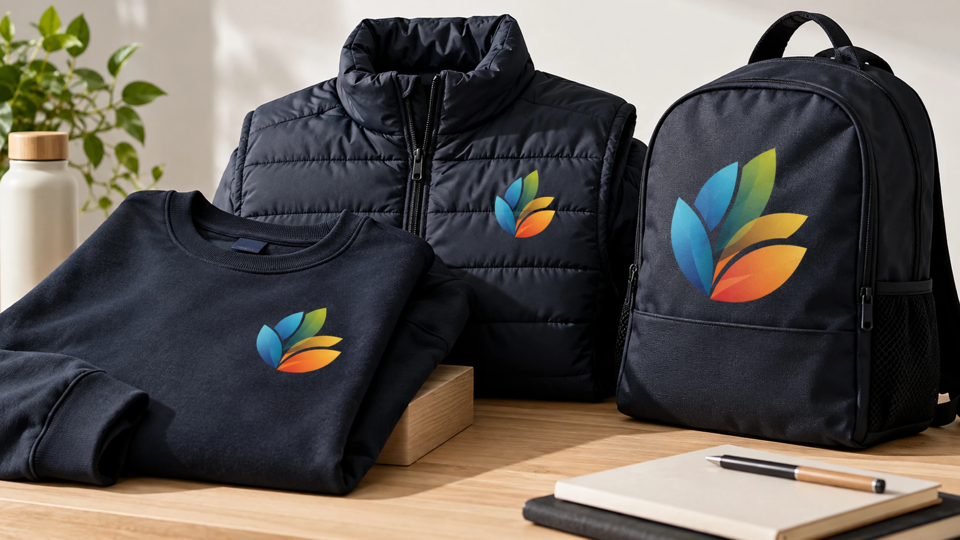 Felpa, gilet imbottito e zaino blu navy personalizzati con lo stesso logo aziendale multicolore stampato in DTF