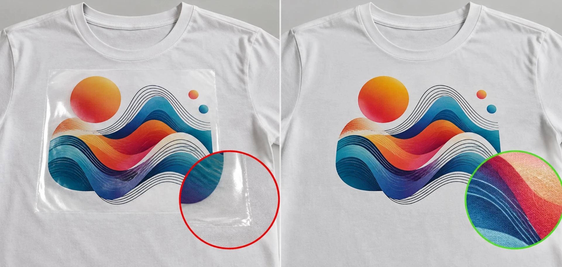 T-shirt bianca: a sinistra transfer digitale tradizionale con riquadro trasparente visibile, a destra stampa DTF senza riquadro